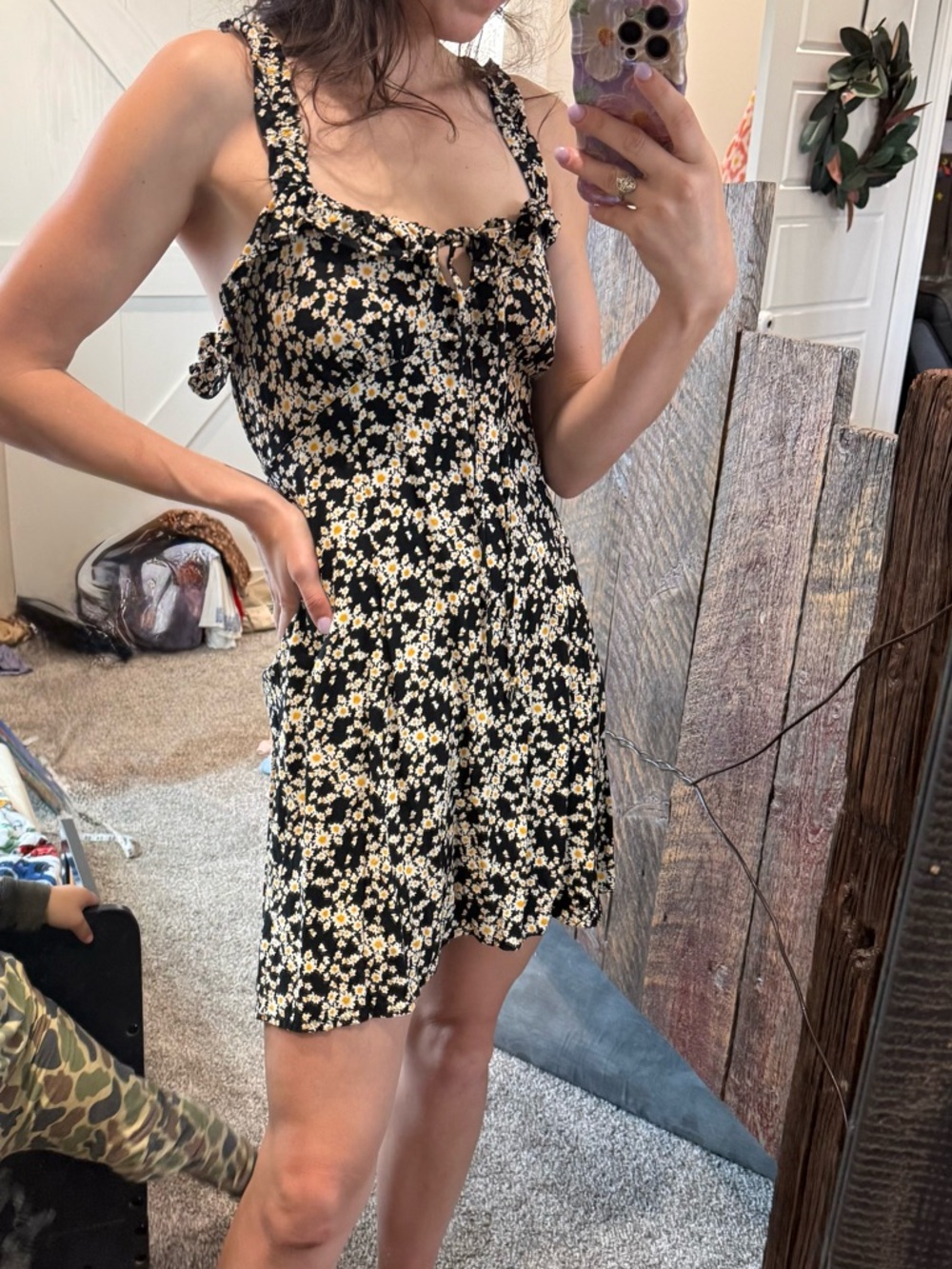 Angie Black Mini Dress with White and Yellow Daisy Print